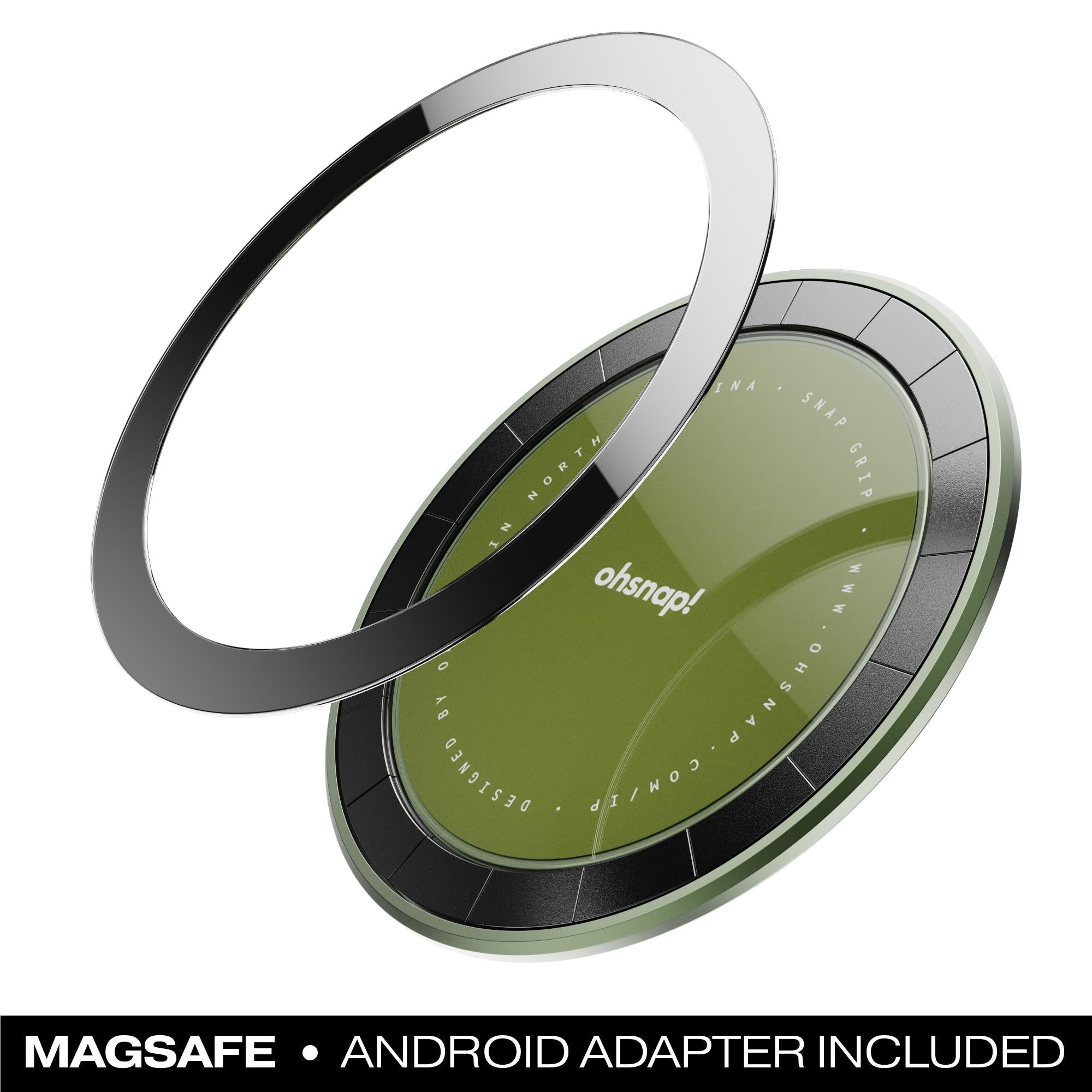 Green magnetic phone grip stand with loop strap and circular base