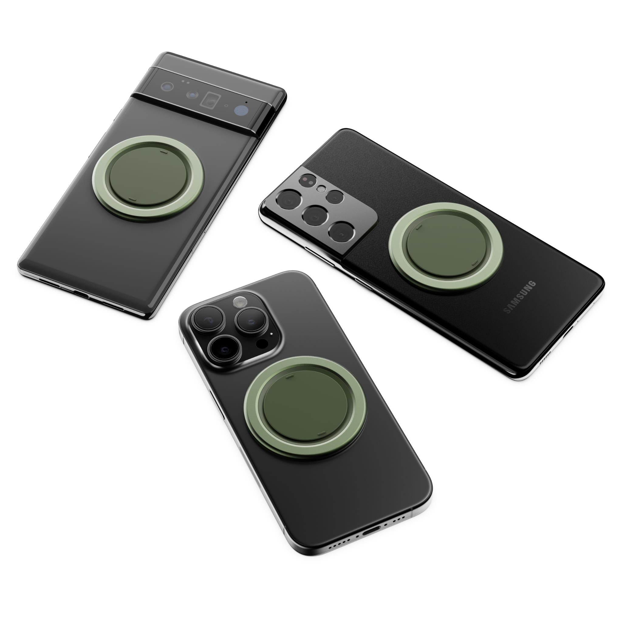 Three slim magnetic phone grips with green bases shown together
