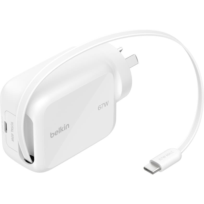 Belkin 67W GaN wall charger with built-in USB-C cable, white