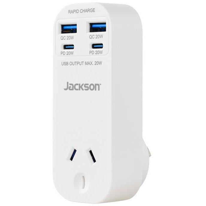 White wall charger with USB-C and USB-A ports and two blue QC/Pd indicators