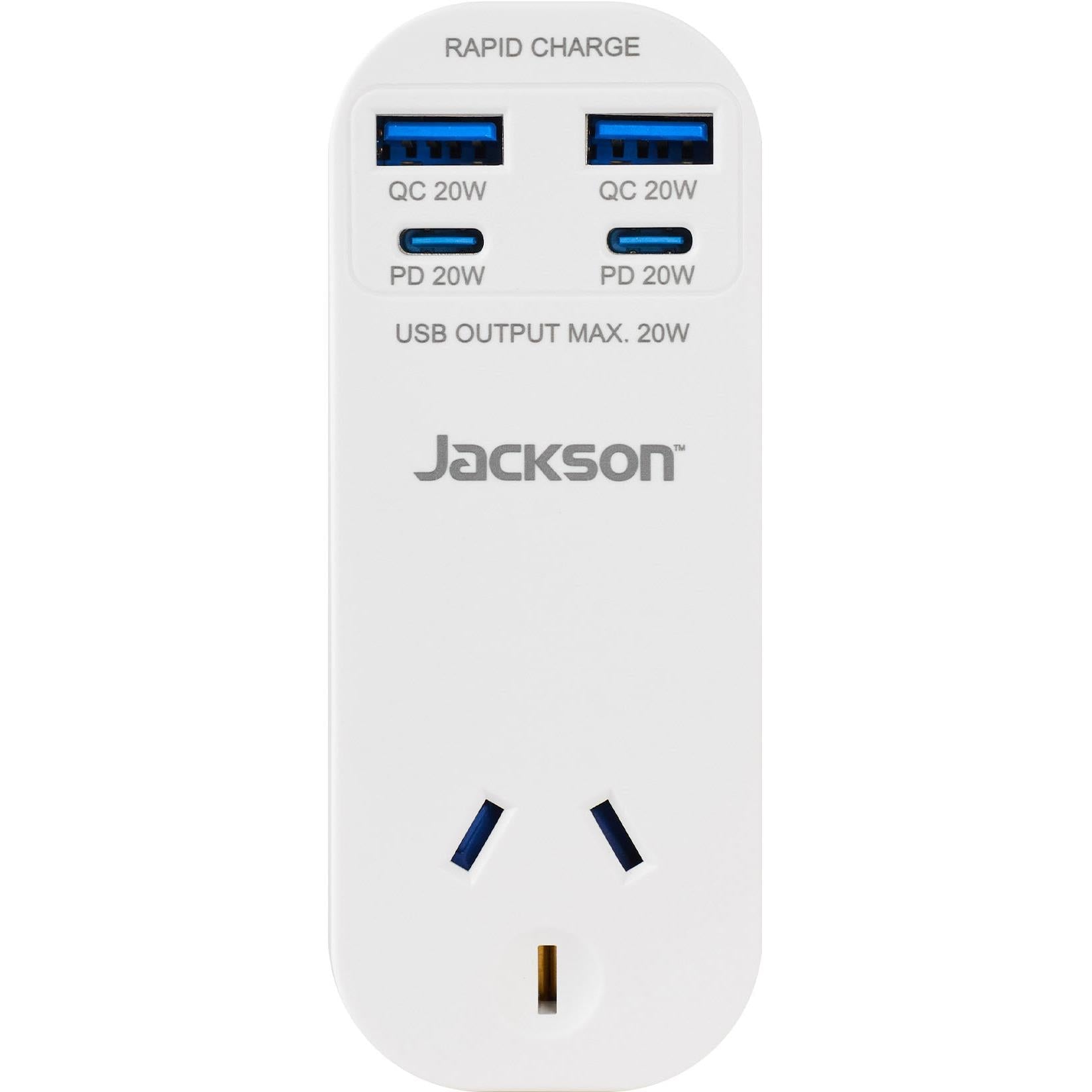 White wall charger front with USB-C and USB-A ports, Jackson logo, and plug prongs