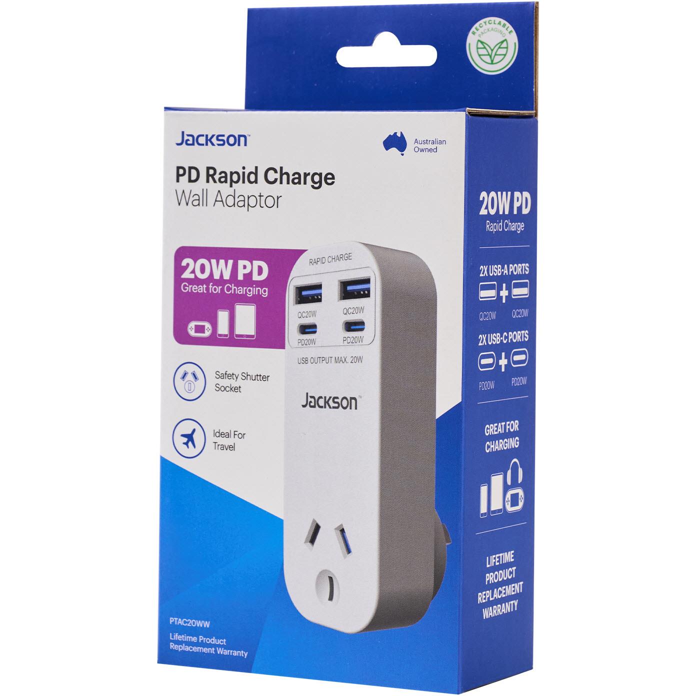 Jackson PD rapid charge wall adapter retail box, 20W PD, USB-C and USB-A