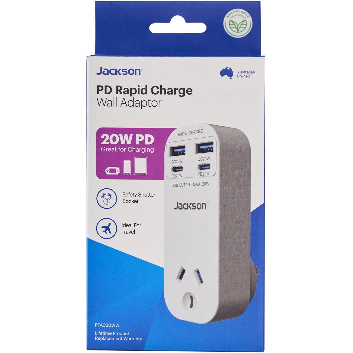 Jackson PD rapid charge wall adapter retail box with 20W PD charging icons