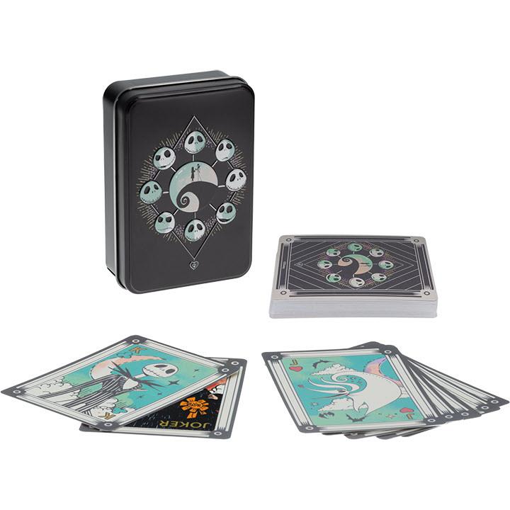 Nightmare-themed playing cards tin with illustrated card backs and deck on display
