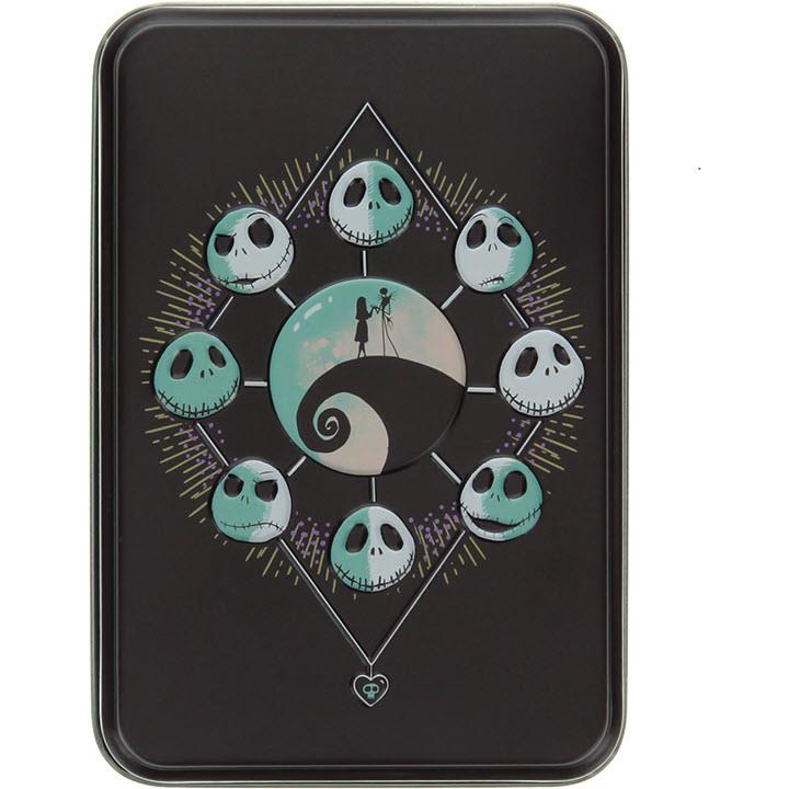 Metal playing cards tin with black exterior and teal character wreath graphic