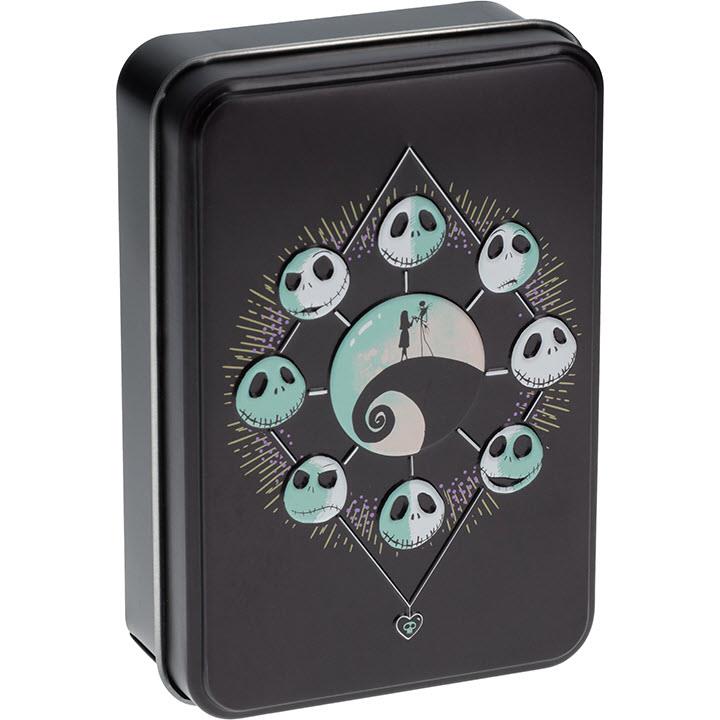Square metal cards tin with teal face characters on black with gold-toned rays