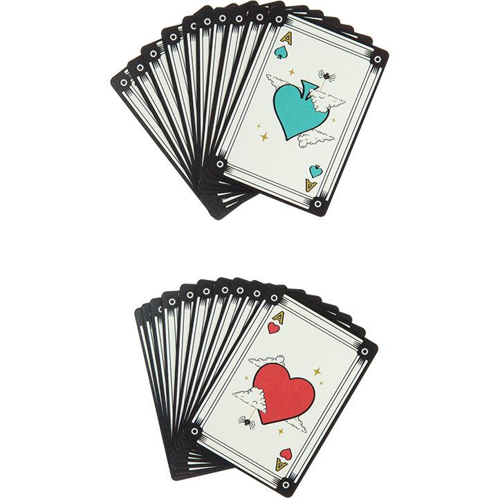 Playing cards showing teal character card backs and fan of Joker/heart designs