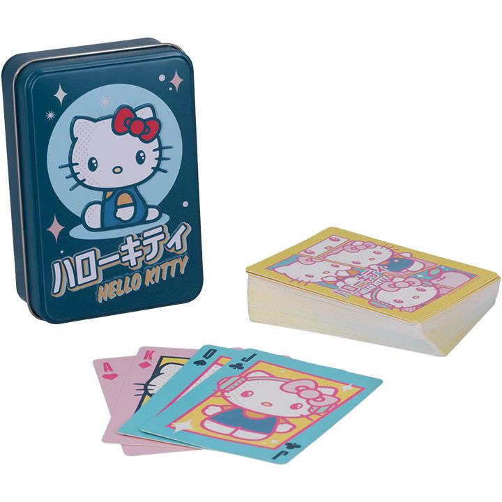 Hello Kitty playing cards in blue metal tin box with character illustration