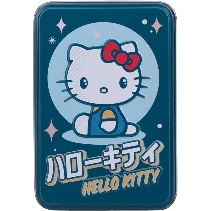 Blue metal tin box for Hello Kitty playing cards with character graphic