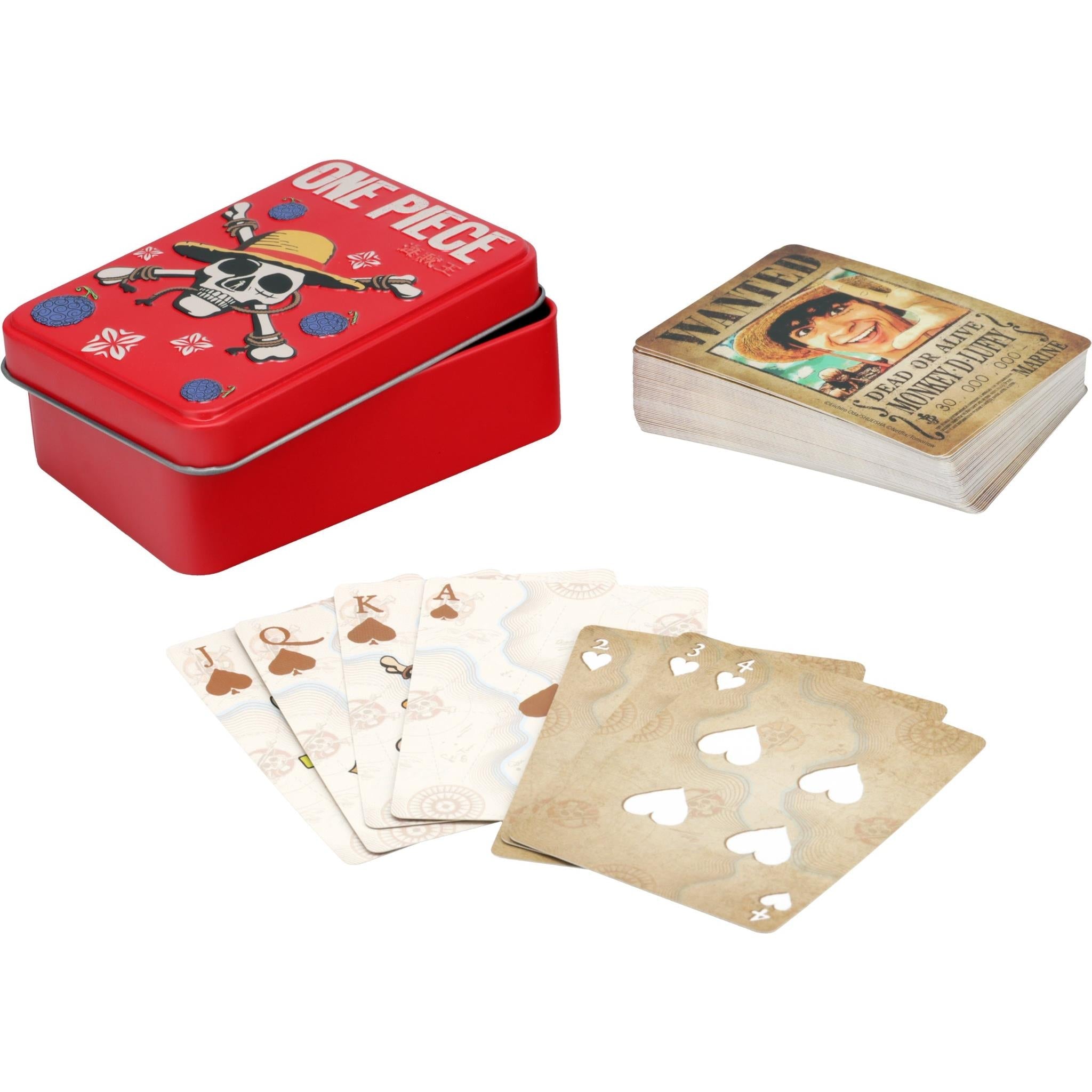 Red tin playing card set with One Piece artwork, plus face-up cards
