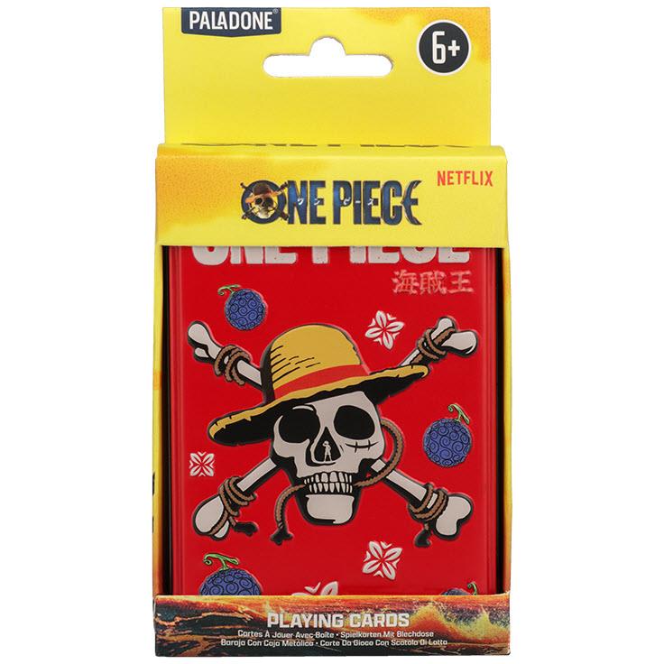 One Piece playing cards retail box with yellow header and red skull design