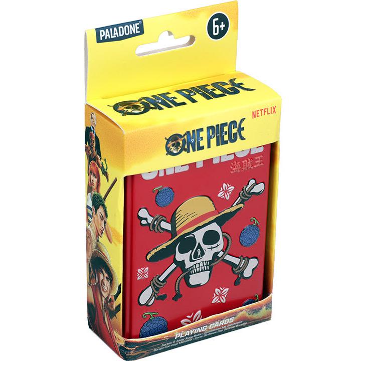 One Piece playing cards retail box, yellow package with pirate skull artwork