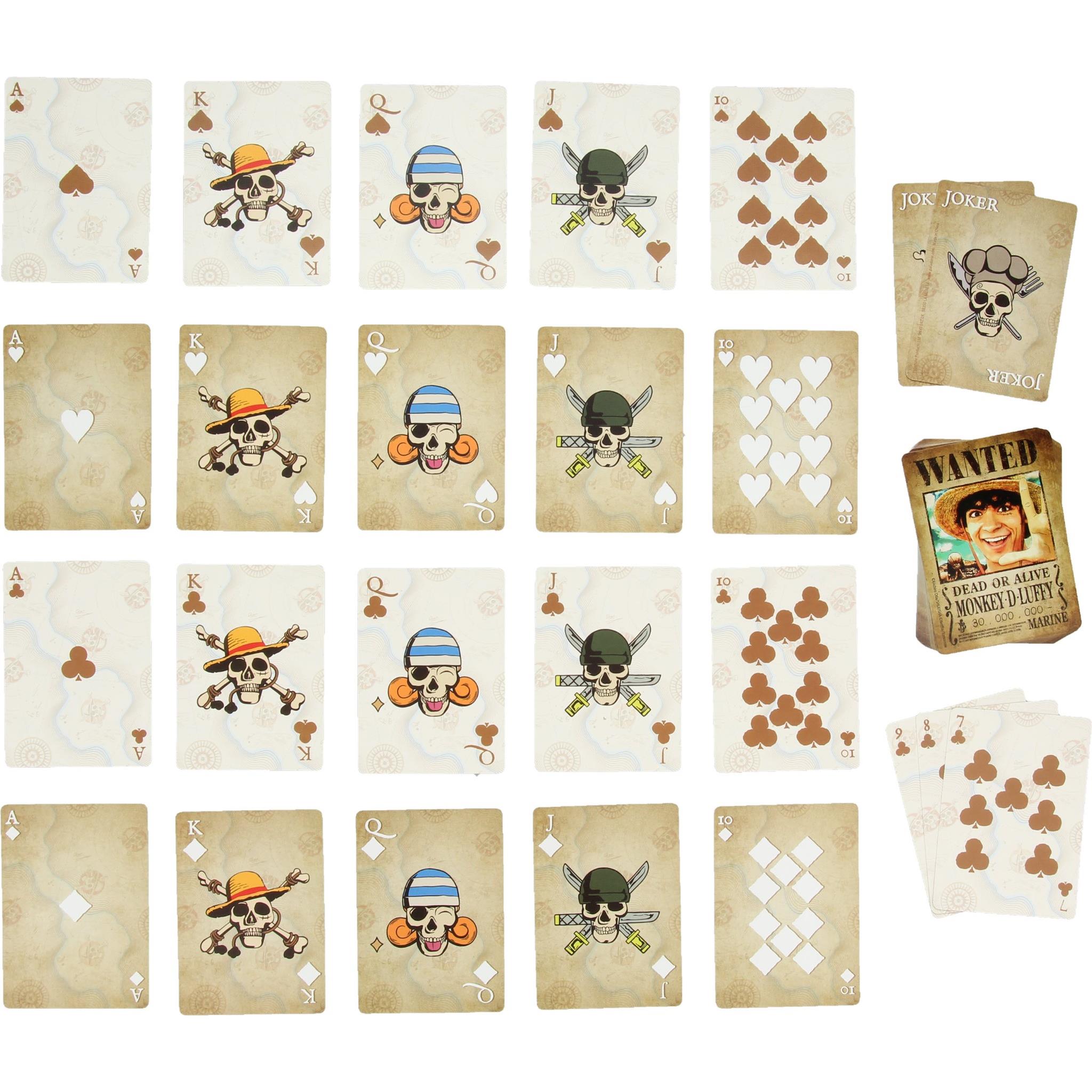 Playing cards laid out with One Piece pirate character illustrations and suit faces