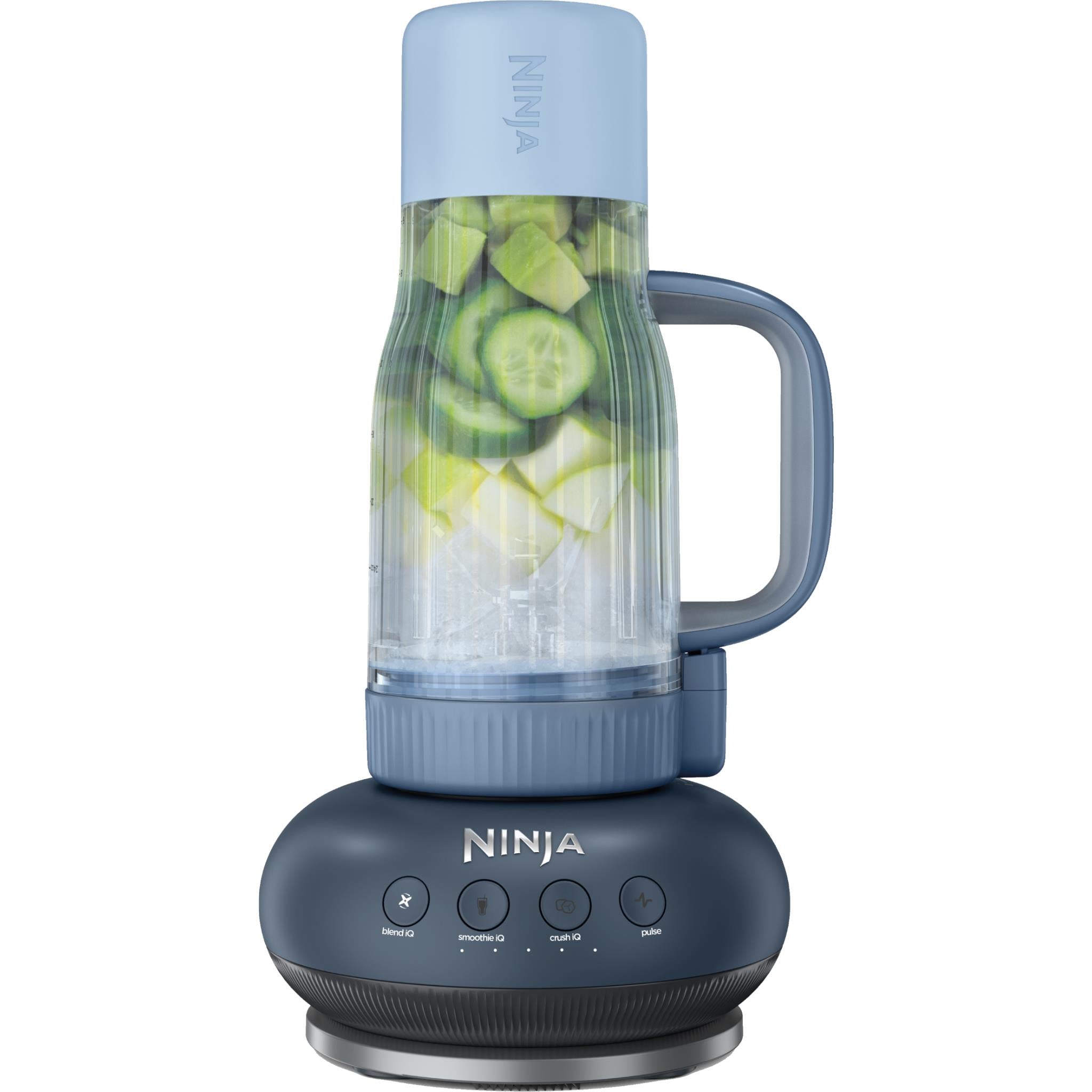 Ninja tumbler blender with light-blue jar and dark base, shown with sliced cucumber
