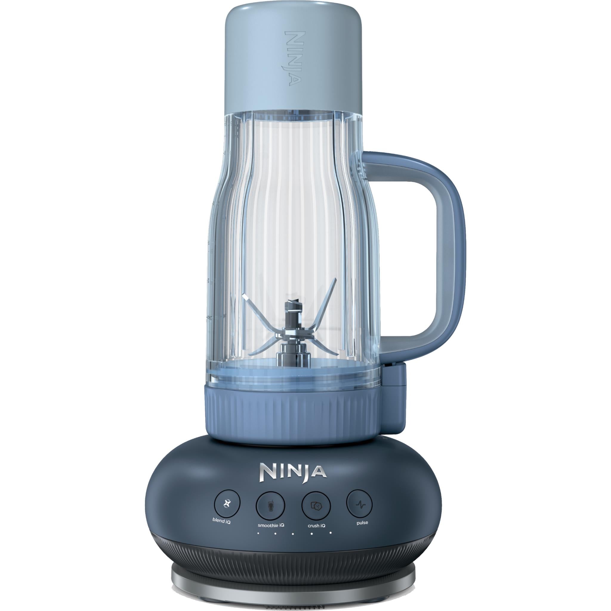 Ninja tumbler blender with light-blue jar, exposed four-blade attachment
