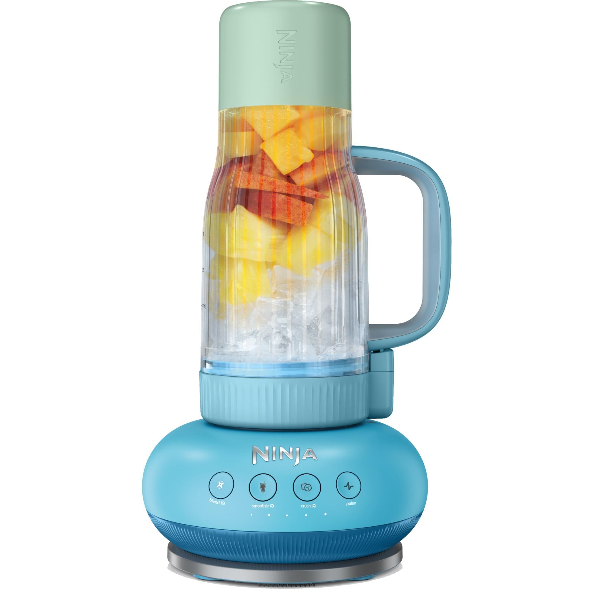 Ninja BlendBOSS blender and tumbler with clear cup, blue base, and orange contents