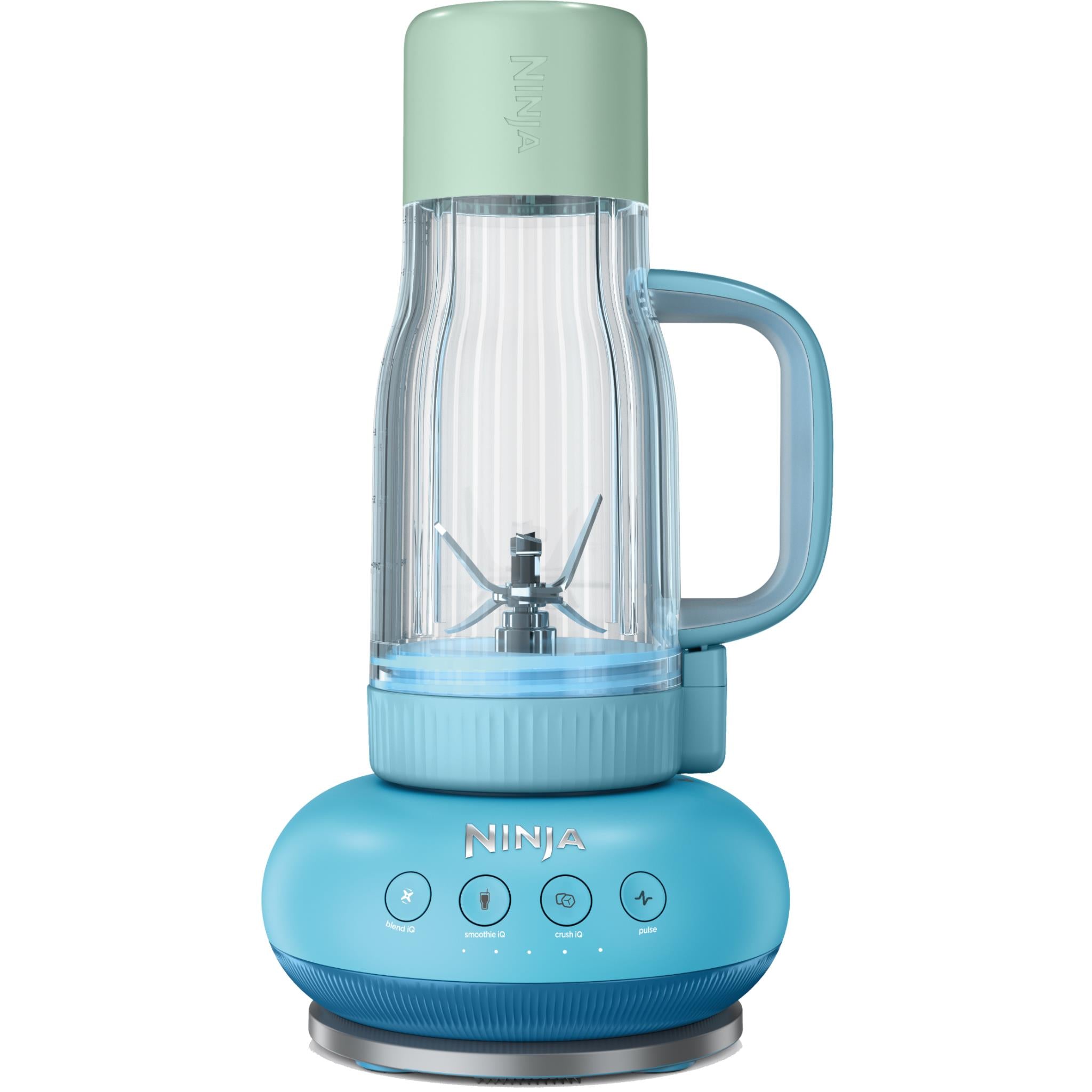 Blender and tumbler with clear cup and visible cross-blade, blue base