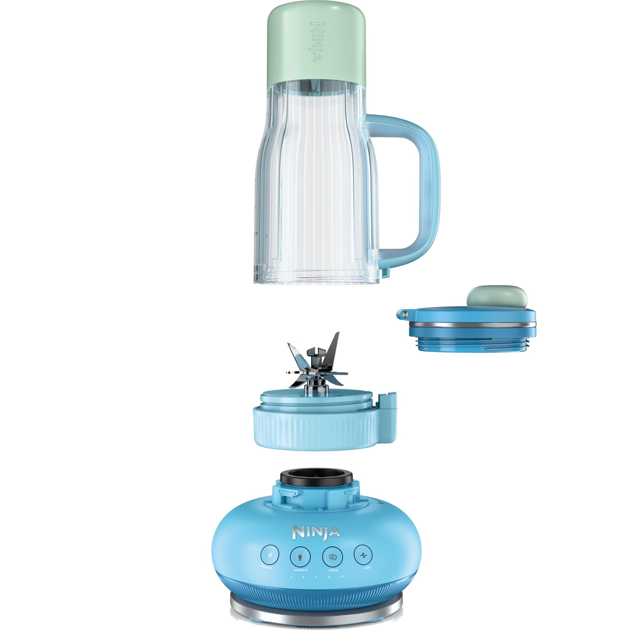 Blender and tumbler components set: base, clear cup, blade, and lid pieces