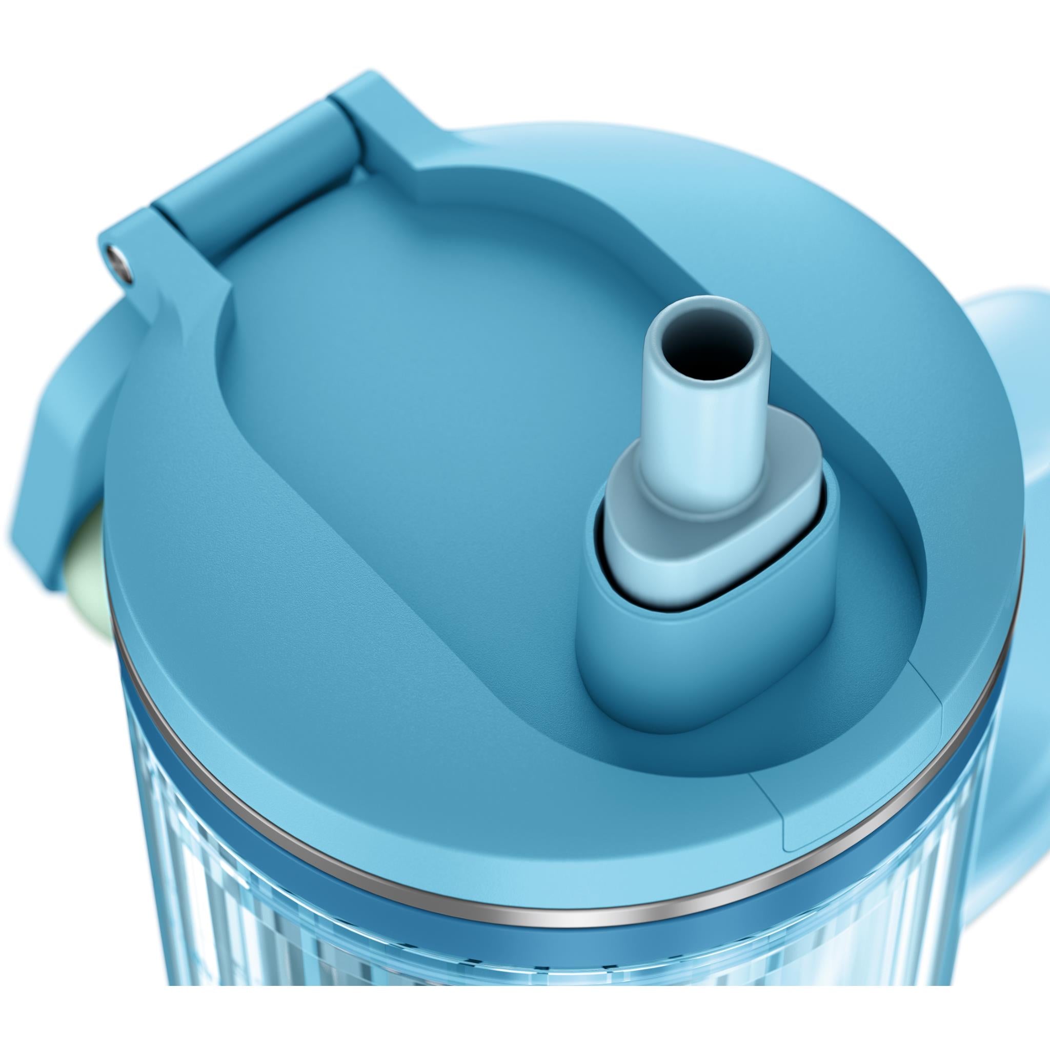 Clear cup with blue lid cover and center spout opening