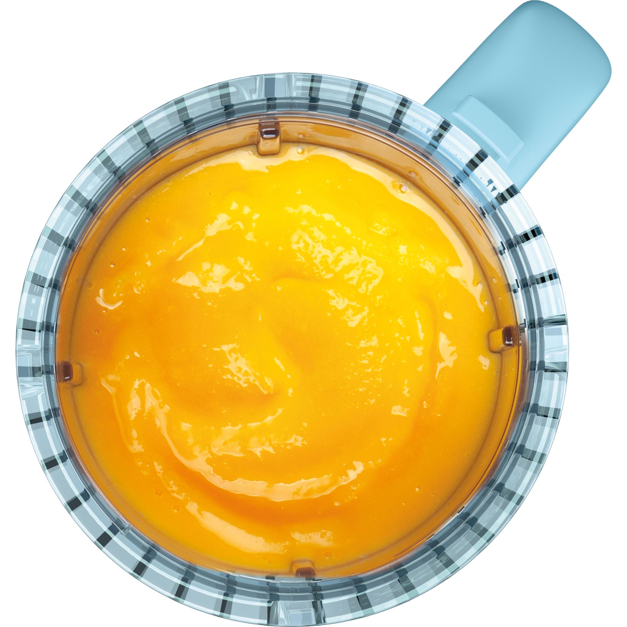 Clear tumbler cup with orange smoothie and blue rim, top opening visible