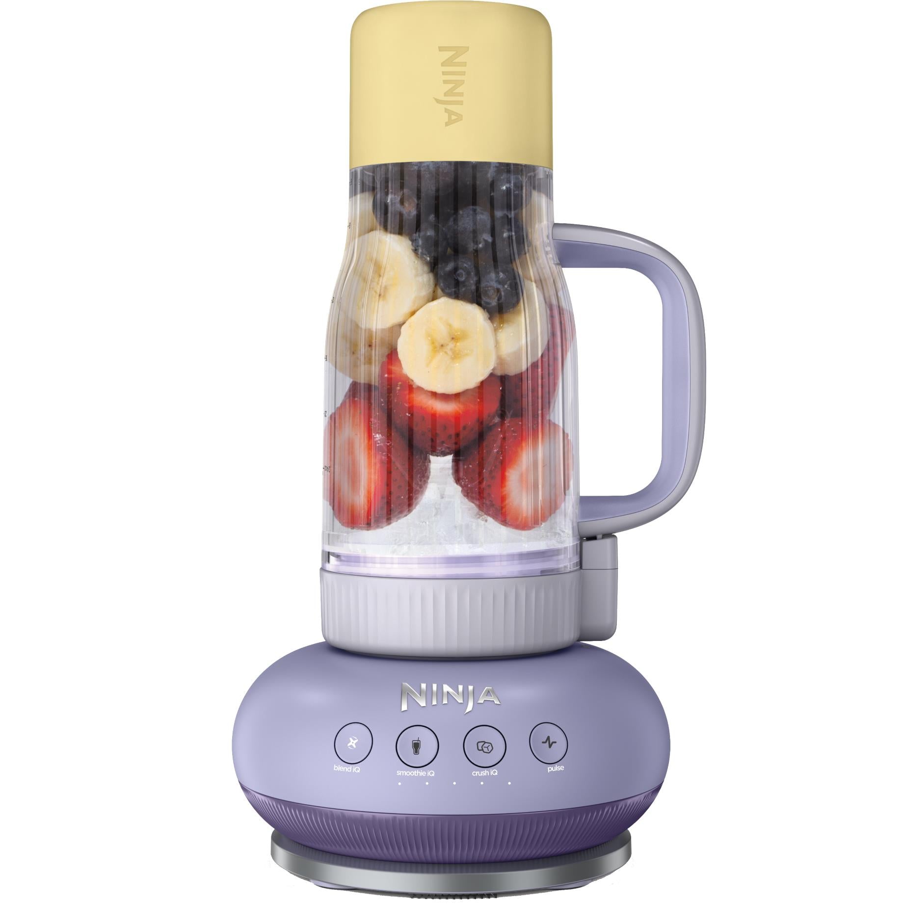 Lavender tumbler blender base with transparent jar and golden lid