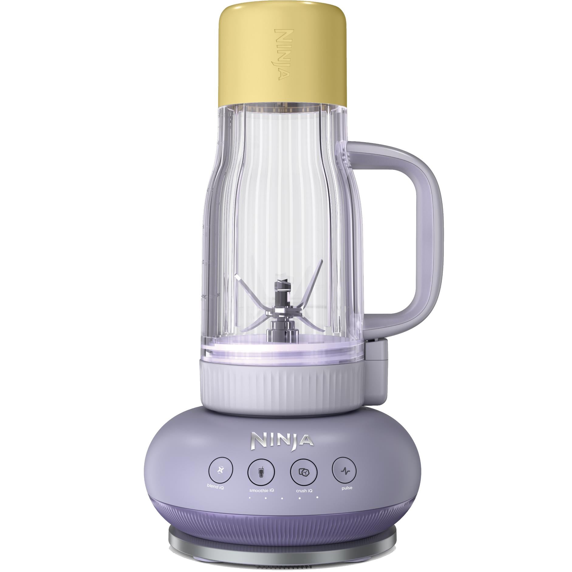 Lavender tumbler blender with clear jar and visible blending blades