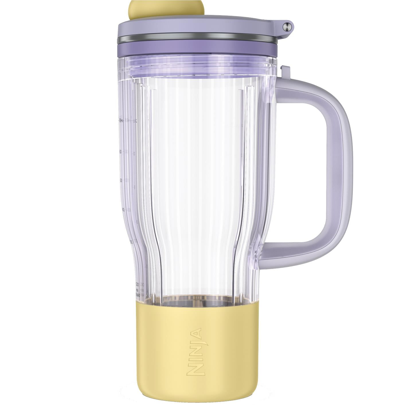 Clear tumbler cup with golden base and lavender carry handle