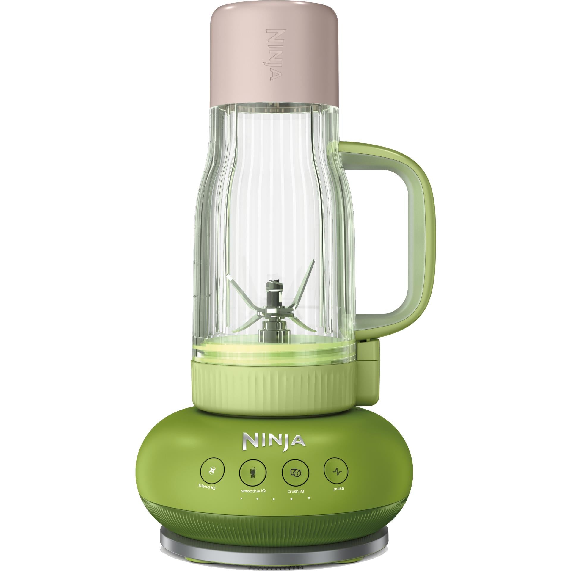 Portable blender with pink lid, green base, clear jar showing blades inside
