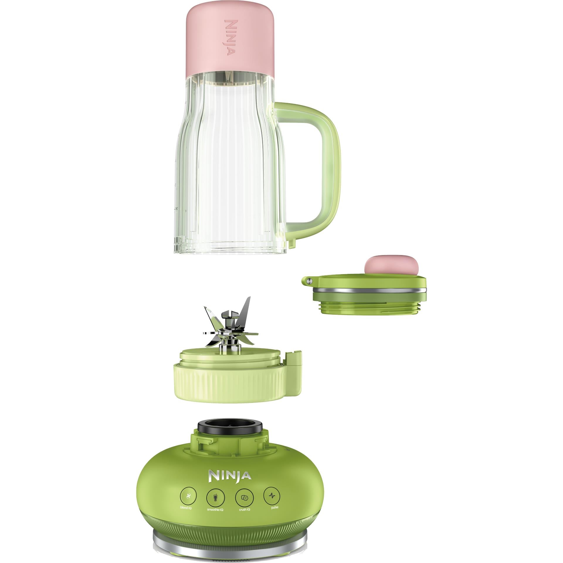 Portable blender parts: green base, clear jar, blade unit, and pink lid