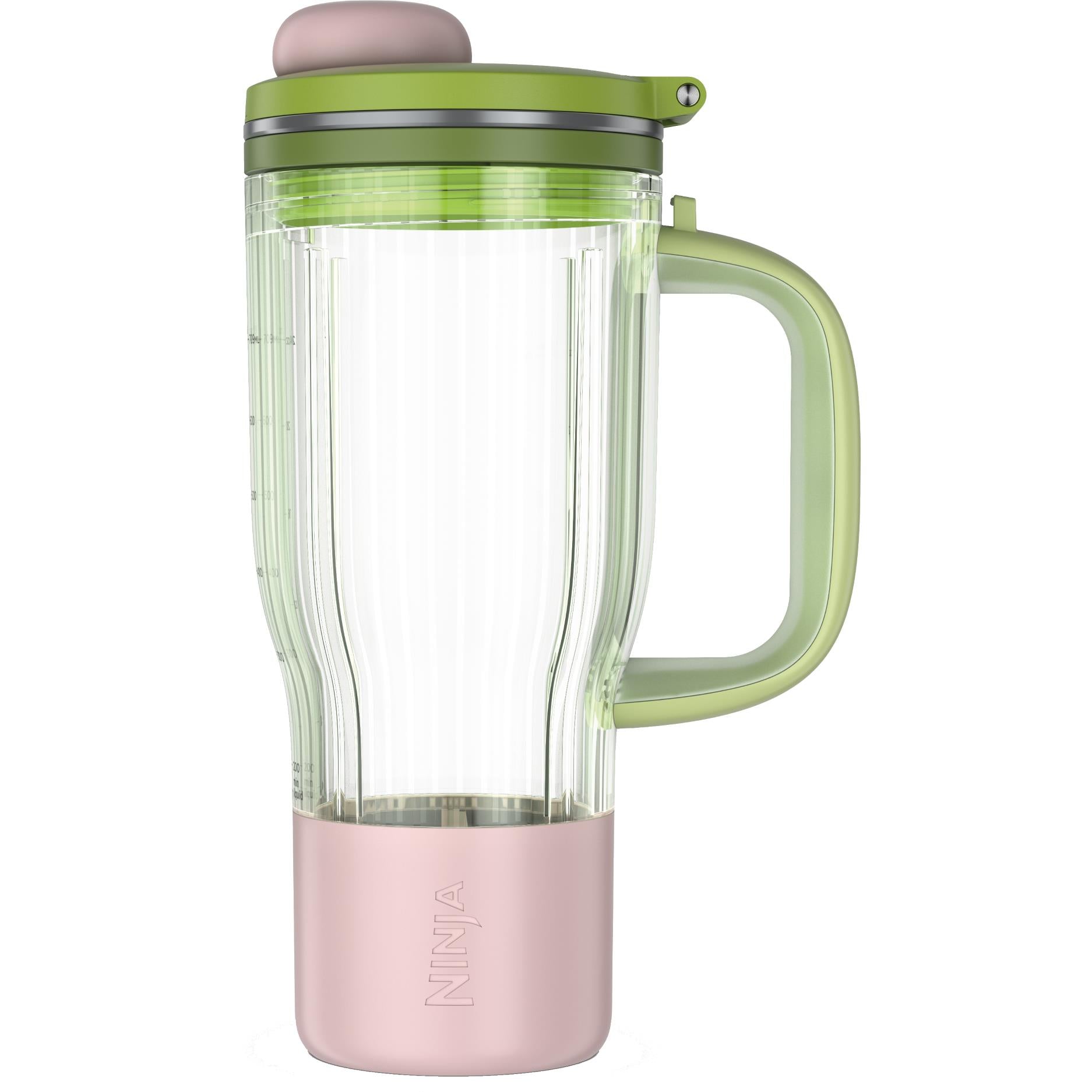 Portable blender jar with green handle and pink base, clear sides