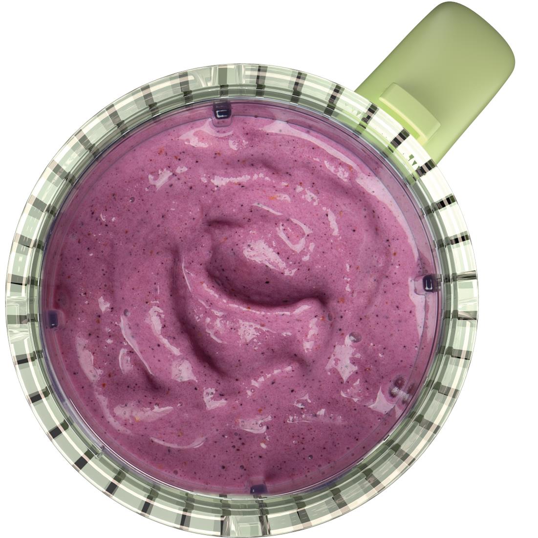 Blender jar filled with thick purple smoothie, clear sides and green spout