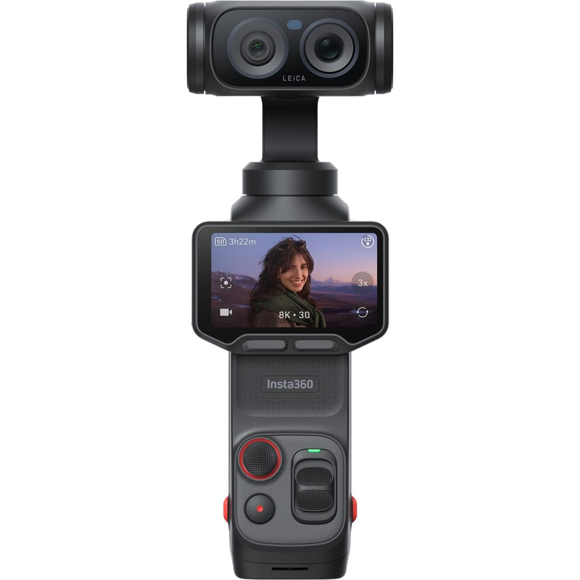Black gimbal camera with front dual lenses and flip display screen
