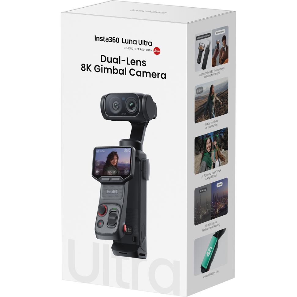 Insta360 Luna Ultra dual-lens 8K gimbal camera in black, shown on retail box