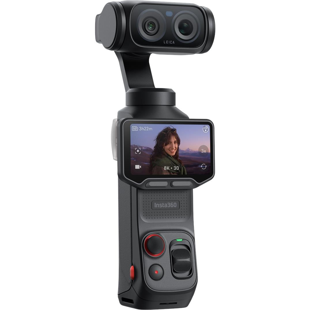 Black gimbal camera front view with active touchscreen and dual lenses