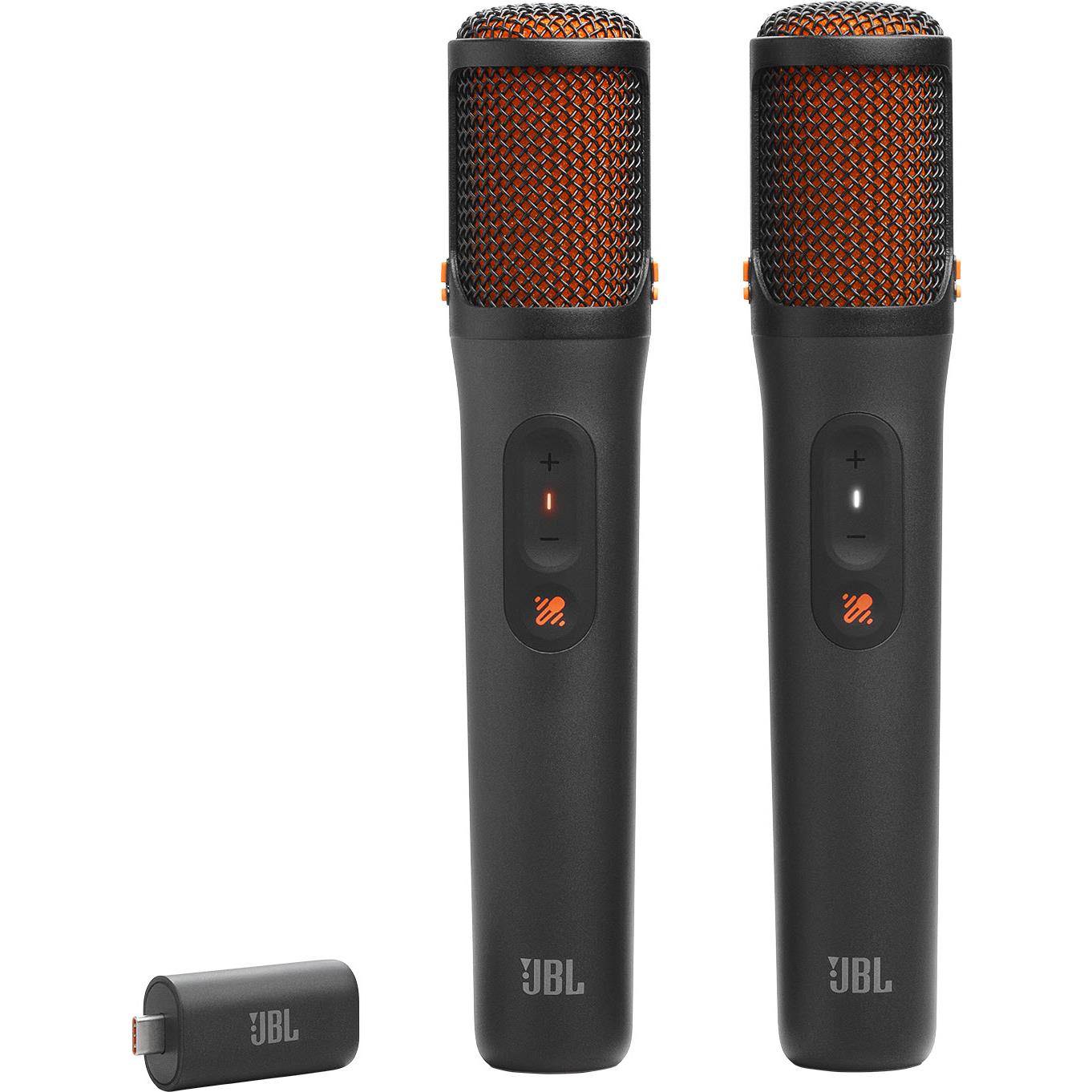 JBL EasySing AI karaoke microphone set with two handheld mics, dark body, orange mesh heads