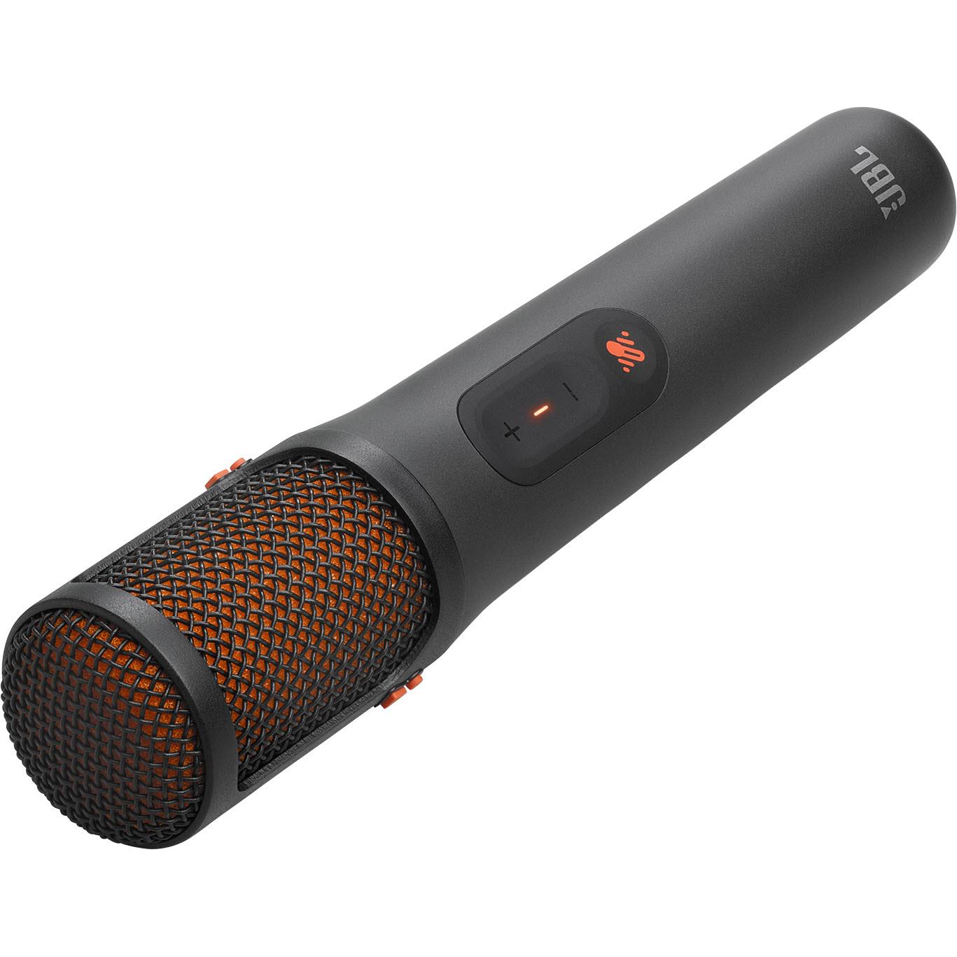 JBL handheld karaoke microphone with orange mesh grille and button panel on handle