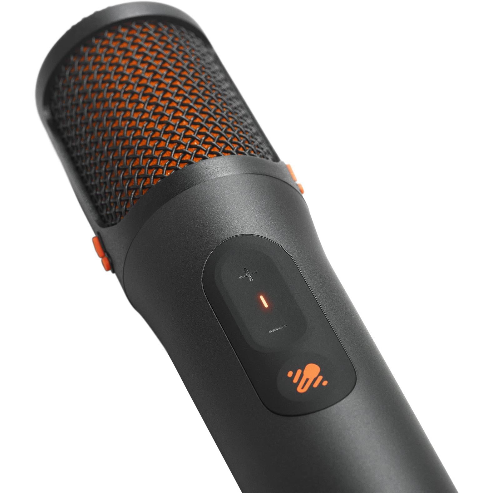 JBL EasySing AI karaoke microphone close-up: orange grille, control buttons with indicator lights