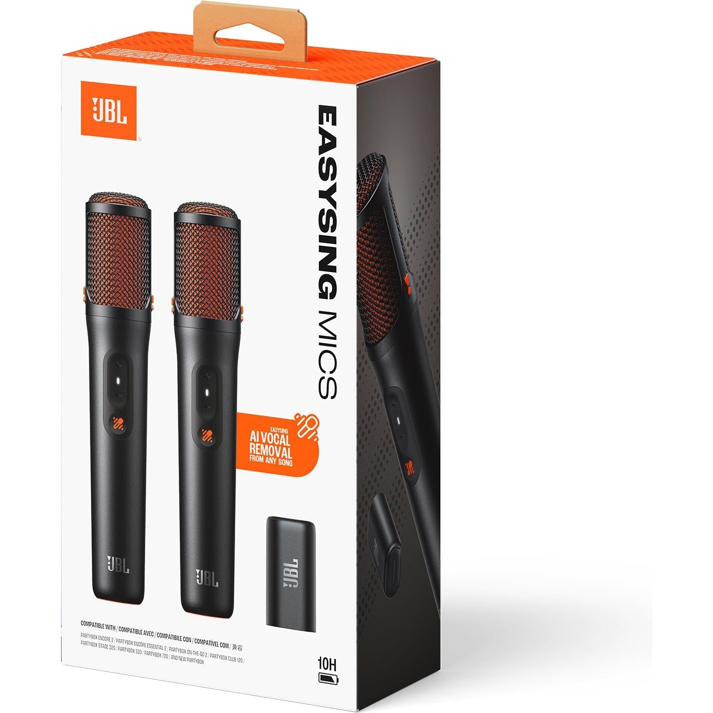 JBL EasySing AI karaoke microphones retail box with two mics shown