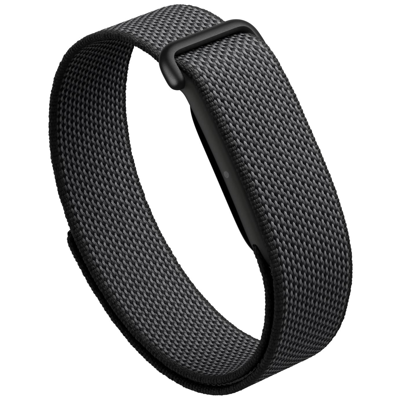 Screenless fitness tracker with dark fabric band and black sensor module