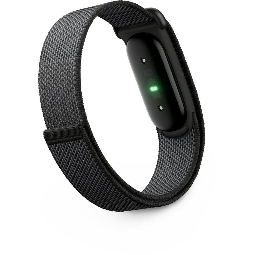 Screenless fitness tracker with dark fabric strap and small lit sensor window