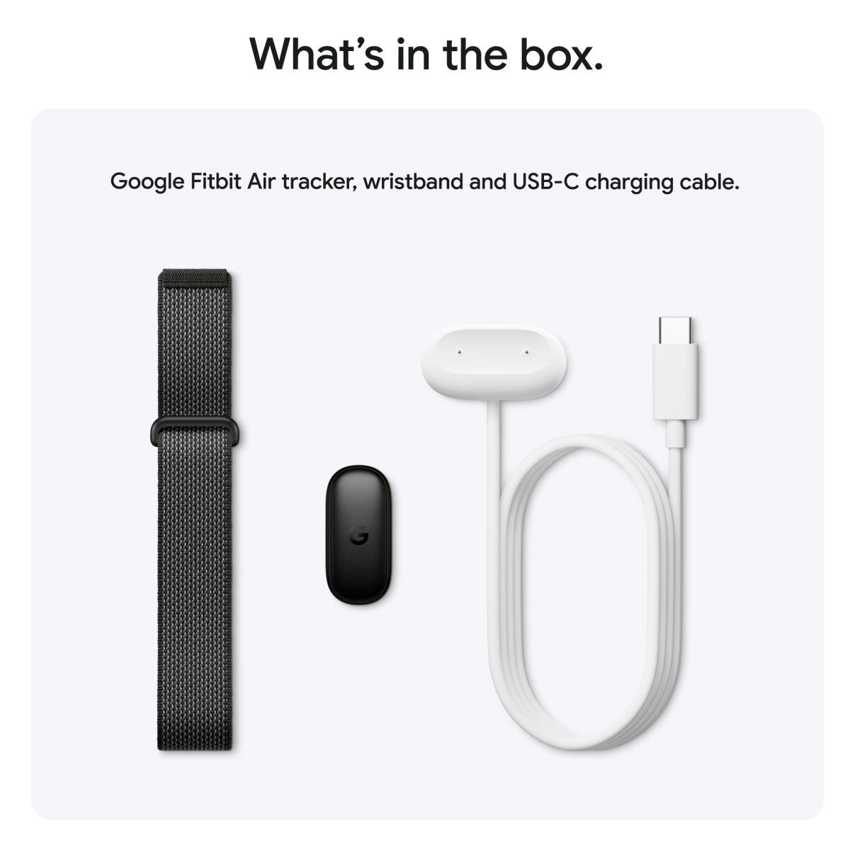Google Fitbit Air screenless activity tracker with black mesh band and USB-C cable