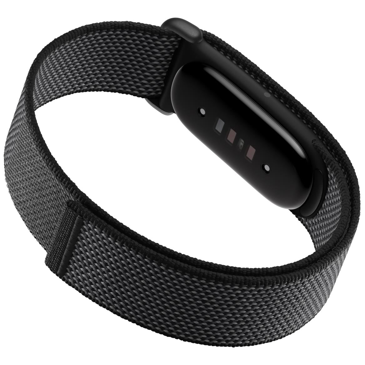 Screenless fitness tracker with dark fabric band and rounded sensor face