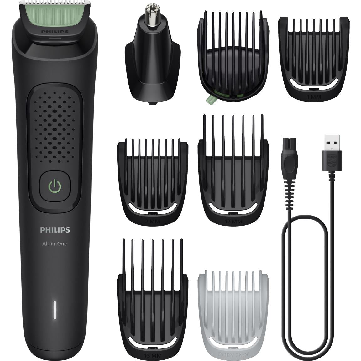 Black all-in-one face and hair trimmer kit with 8 comb guards and charging cable