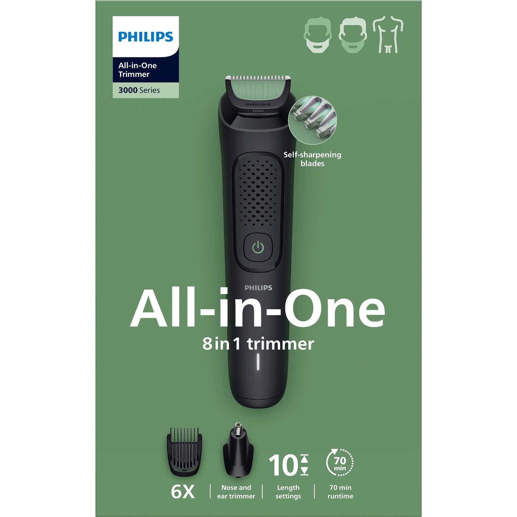 Philips retail box for all-in-one 8 in 1 trimmer kit, featuring self-sharpening blades