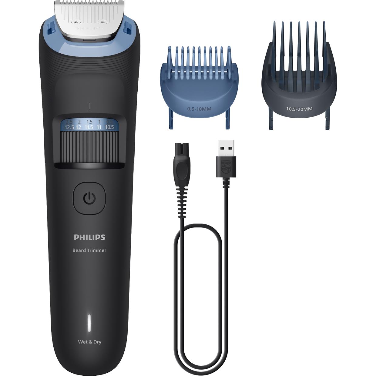 Philips black beard trimmer with blue trimming guard and length settings display