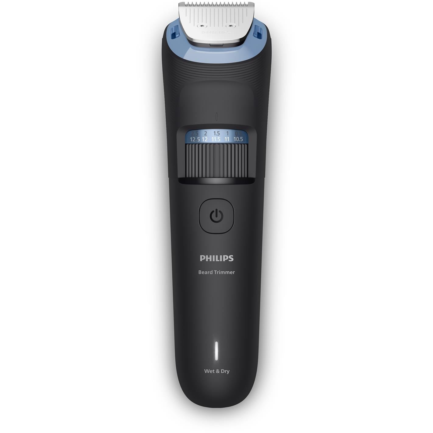 Philips black beard trimmer with blue top guard and visible length adjustment dial