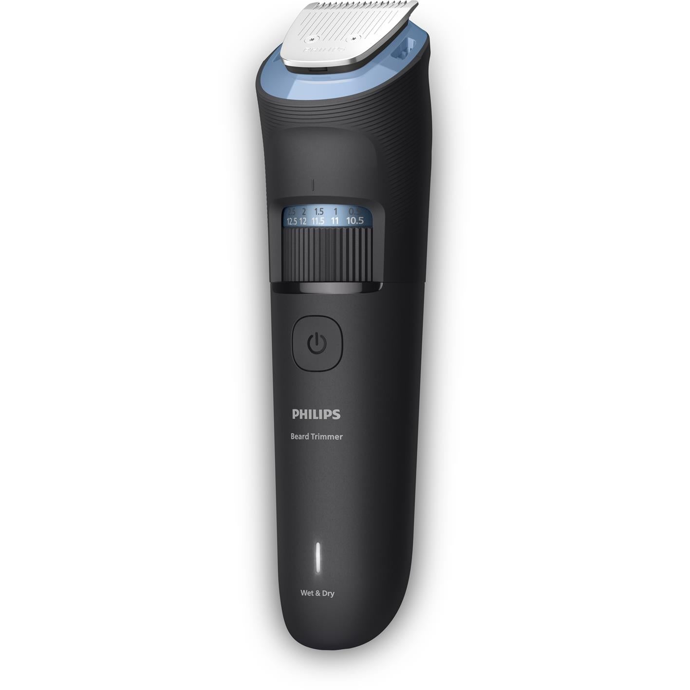Philips black beard trimmer front view with blue length guard and power button
