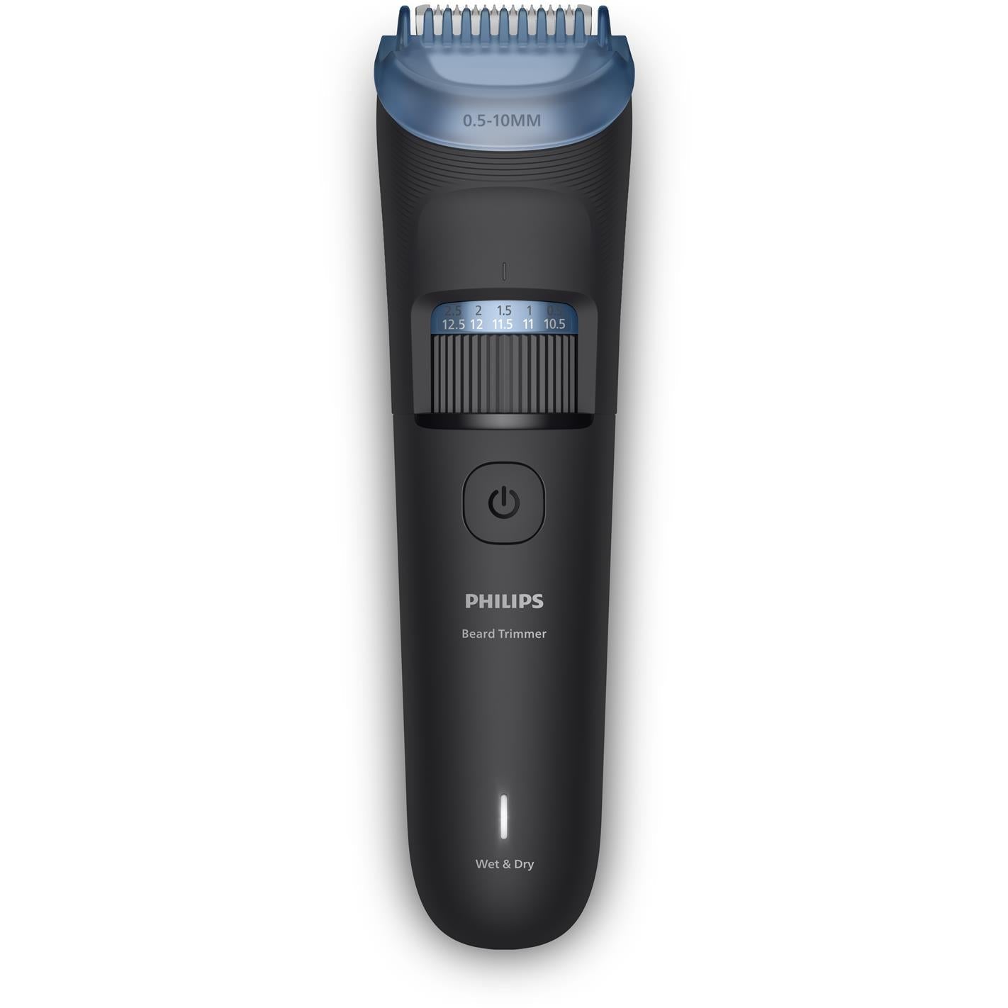 Philips black beard trimmer with blue guard and 0.5–10mm length markers