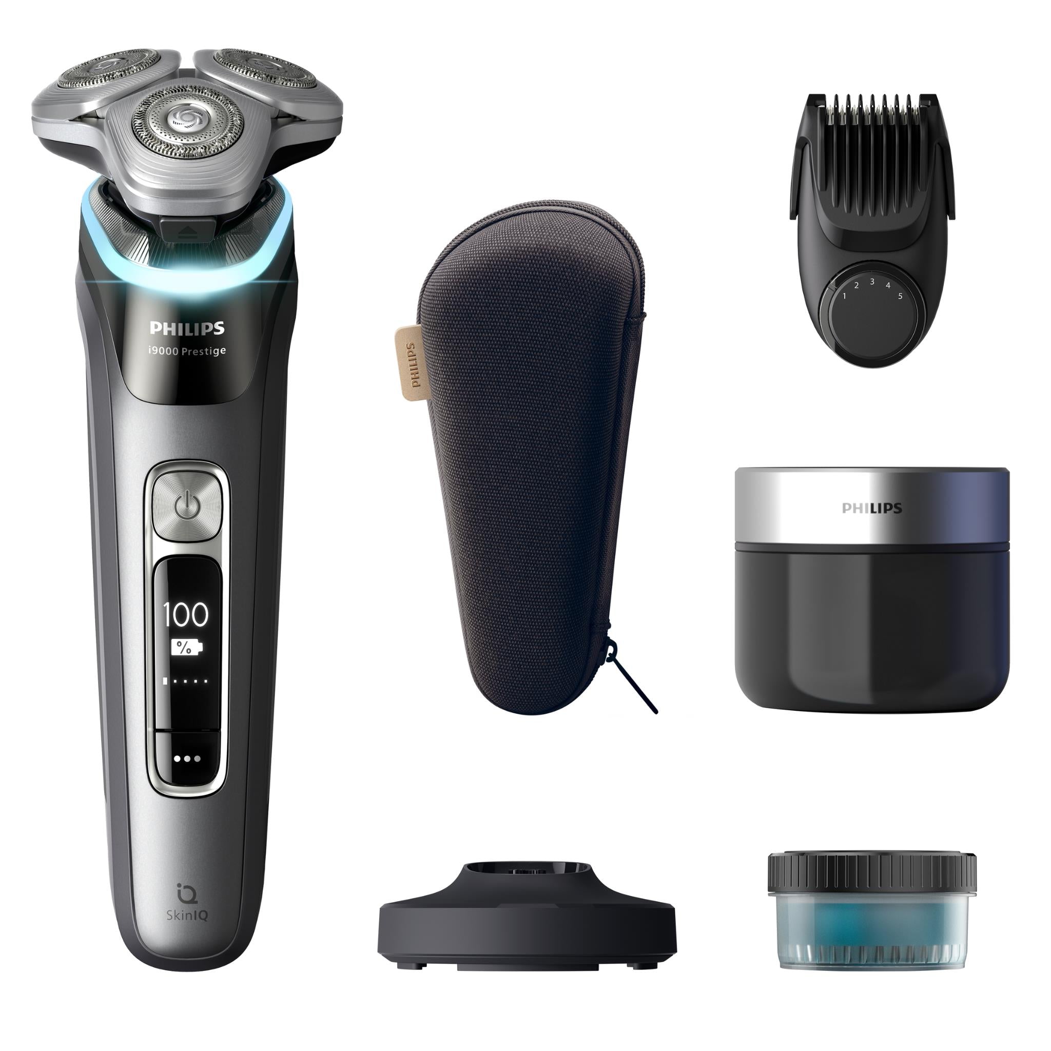 Electric shaver with charging stand, trimmer and cleaning brush attachments