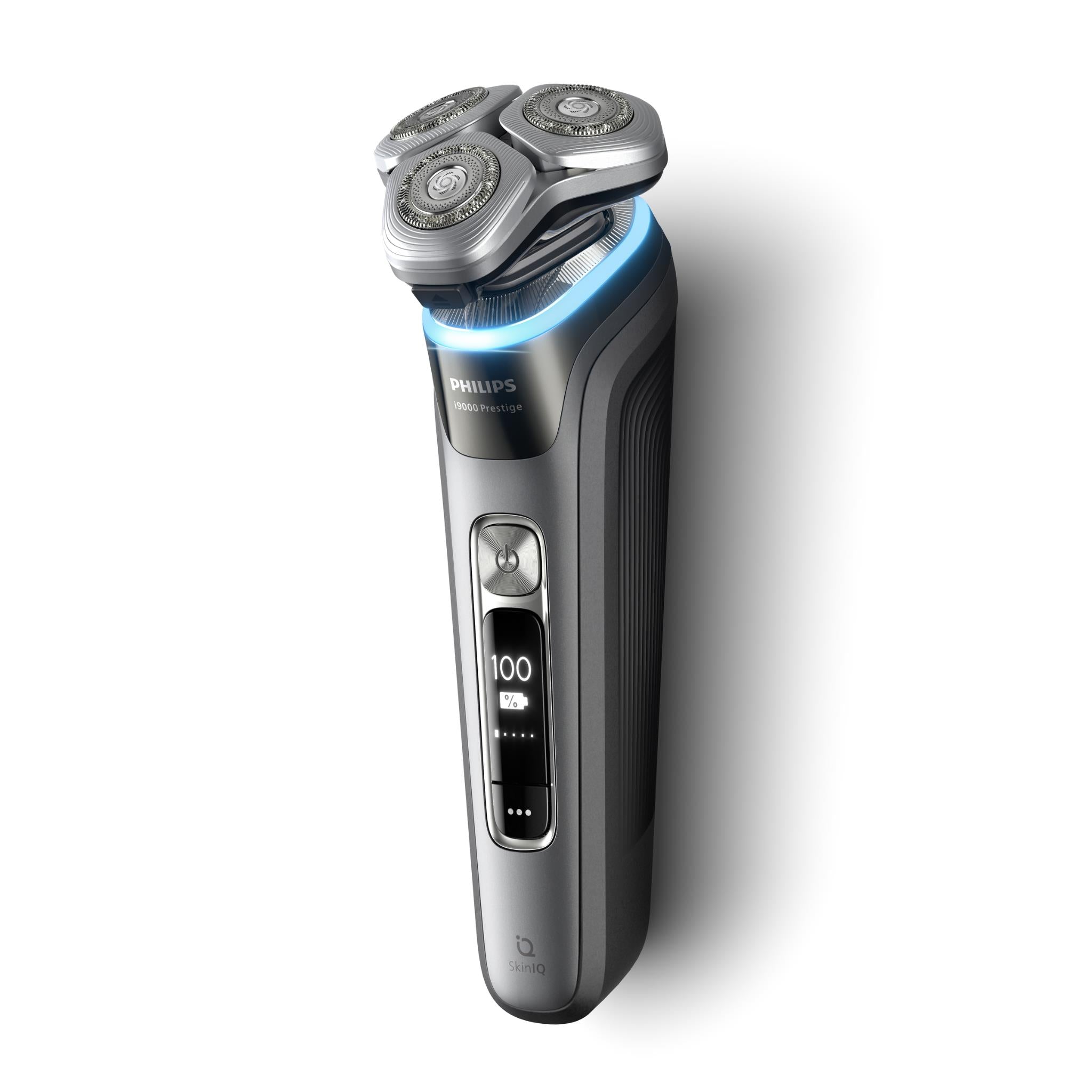 Cordless electric shaver in silver and black with blue light ring